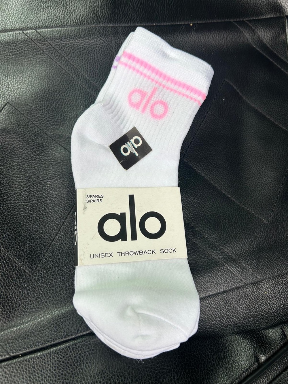 ALO Yoga White Crew Socks with Pink Stripe and Logo